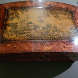 Vintage Wooden Jewelry Box with Asian Art